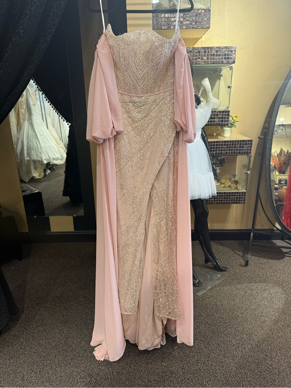 Pink Beaded Off-Shoulder Evening Gown with Draped Sleeve